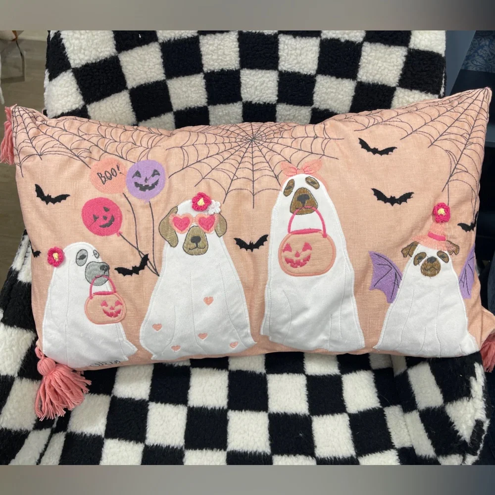 Pink Halloween Ghost Dogs Trick or Treating Embroidered Pillow Pink Tassels NWT